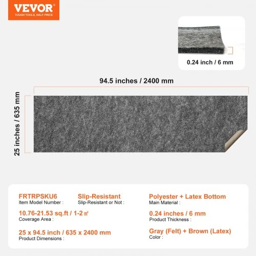 Koduva VEVOR neslystantis kilimo paklotas, apsauginis kilimo paminkštinimas, 2 x 8 pėd., 1/4" storio, dvipusis, pilkas