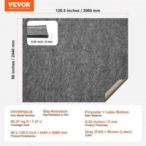 Koduva VEVOR neslystantis kilimo paklotas 8 x 10 pėdų, 1/4 col. storio, dvipusis, pilkas