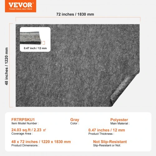 Koduva VEVOR neslystantis kilimo paklotas, apsauginis paminkštinimas, 2'x8', 1/4" storio, dvisluoksnis, poliesterio veltinis + lateksas