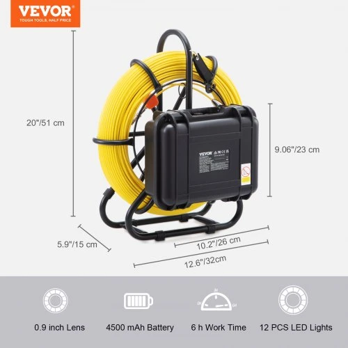 VEVOR Nuotekų vamzdžių apžiūros kamera su 22,9 cm ekranu, 720p ir 120 m kabeliu