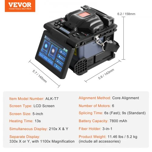 VEVOR Optinio pluošto suvirinimo aparatas ALK-T7, 6 variklių, 5" LCD, 7800 mAh