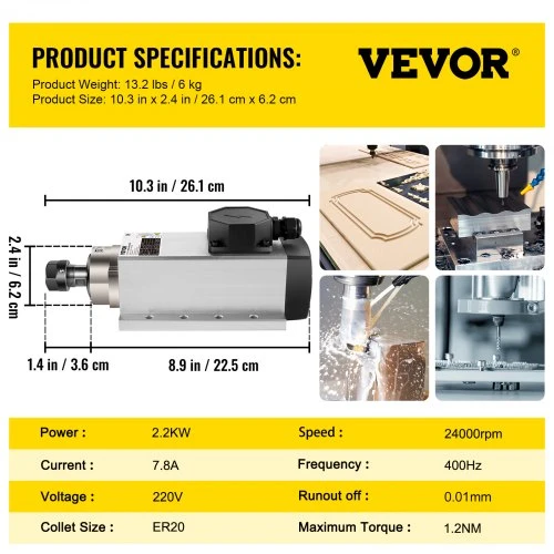 Koduva VEVOR oro aušinamas CNC veleno variklis 2,2 kW, 220 V, ER20, 24 000 aps./min