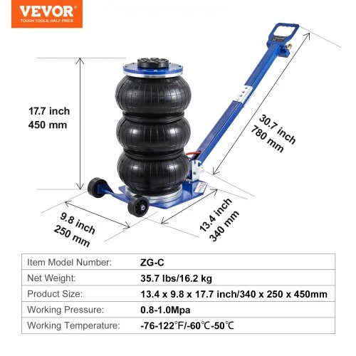 VEVOR Oro domkratas, 3 t / 3000 kg trigubas maišinis, pakėlimas iki 44,9 cm, mėlynas