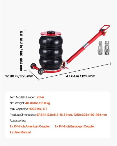 VEVOR Oro domkratas, 5 t trigubas maišinis, su 6 plieniniais vamzdžiais, keliama iki 464 mm, greitas pneumatinis kėlimas