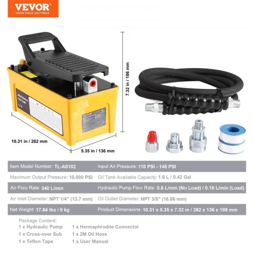 Koduva VEVOR oro hidraulinis siurblys 689 bar (10 000 PSI), 1,6 L rezervuaras, 3/8 col. alyvos išleidimas, 1/4 col. įvadas