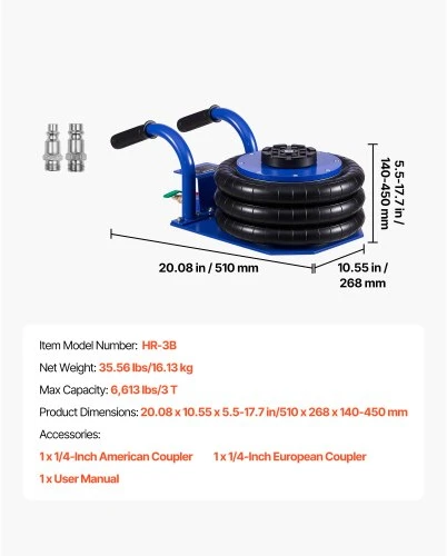 VEVOR Oro keltuvas, 3 t trigubas oro pagalvės keltuvas, iki 450 mm, su plieniniais vamzdžiais ir gumine trinkele