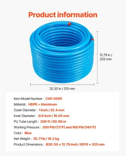 Koduva VEVOR oro kompresoriaus linijos rinkinys, 200 ft x 3/4", HDPE-aliuminio suslėgto oro vamzdynas, mėlynas
