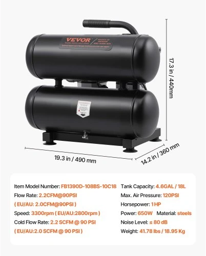 VEVOR Oro kompresorius, 18 l plieno bakas, 1 HP, 650 W, be alyvos, 120 PSI