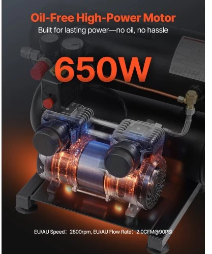 VEVOR Oro kompresorius, 18 l plieno bakas, 1 HP, 650 W, be alyvos, 120 PSI