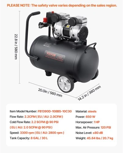Koduva VEVOR oro kompresorius, 30 l plieno bakas, 1 HP, 650 W, 120 PSI, be alyvos
