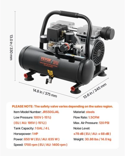 Koduva VEVOR oro kompresorius, 4 l plieno bakas, 1 HP, 635 W, 68 dB, JR550GJ4L