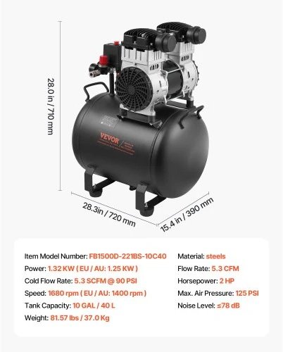 Koduva VEVOR oro kompresorius, 40 l plieno bakas, 2 AG, 5,3 CFM, be alyvos, 125 PSI, 78 dB