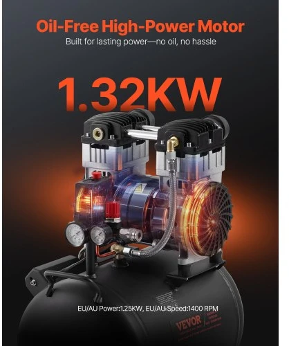 Koduva VEVOR oro kompresorius, 40 l plieno bakas, 2 AG, 5,3 CFM, be alyvos, 125 PSI, 78 dB