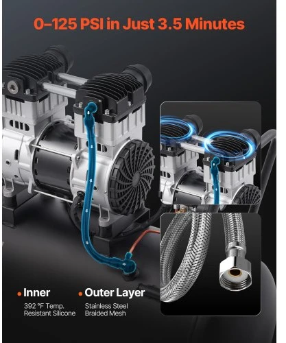 Koduva VEVOR oro kompresorius, 60 l plieno bakas, 2HP, 5.3 CFM@90 PSI, be alyvos, 125 PSI, 78 dB