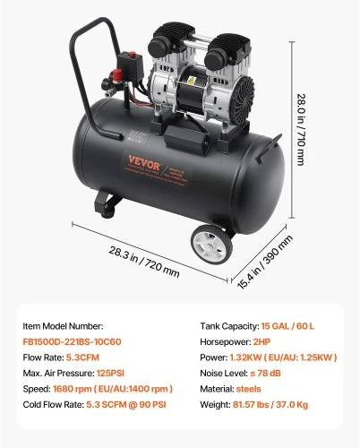 Koduva VEVOR oro kompresorius, 60 l plieno bakas, 2HP, 5.3 CFM@90 PSI, be alyvos, 125 PSI, 78 dB