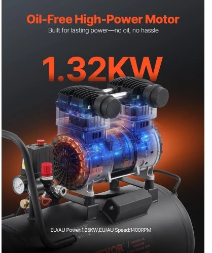 Koduva VEVOR oro kompresorius, 60 l plieno bakas, 2HP, 5.3 CFM@90 PSI, be alyvos, 125 PSI, 78 dB