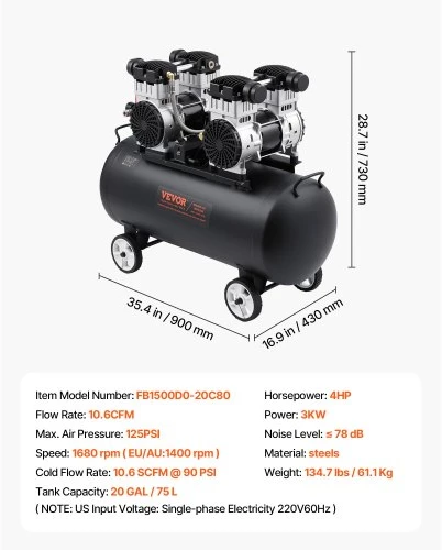 Koduva VEVOR oro kompresorius, 75 l plieno bakas, 4 HP, 125 PSI, 78 dB, FB1500D0-20C80