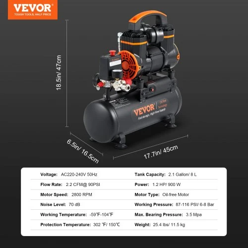 Koduva VEVOR oro kompresorius 8 l, 900 W, 70 dB, be alyvos