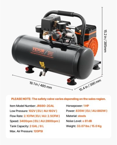 VEVOR Oro kompresorius, 8 l plieno bakas, 1HP, 860 W, 120 PSI, 81 dB, JR880-2GAL