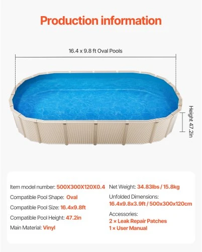 Koduva VEVOR ovalus baseino įdėklas 16,4 x 9,8 ft, Uinbead, vinilas, 47 in sienelėms