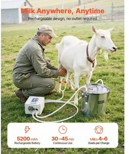 VEVOR Ožkų melžimo mašina, 3 l nerūdijančio plieno talpa, 5200 mAh baterija, 2 spenelių puodeliai
