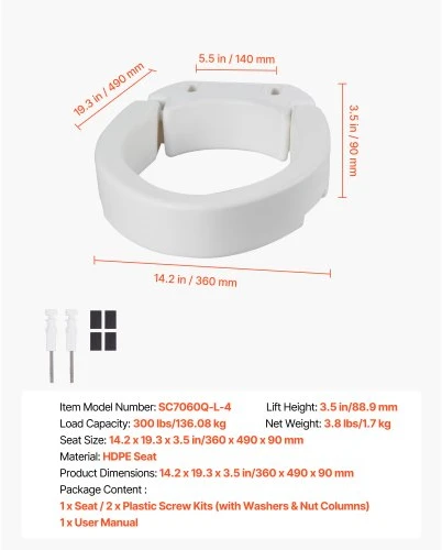 VEVOR Paaukštinta tualeto sėdynė, 136,1kg keliamoji galia, 88,9 mm paaukštinimas