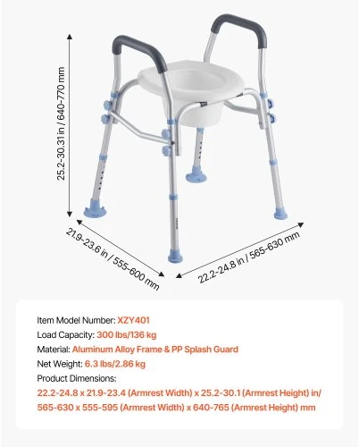 VEVOR Paaukštinta tualeto sėdynė su porankiais, 136 kg, reguliuojamas aukštis, XZY401
