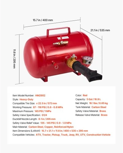 VEVOR Padangų borto montavimo įrankis, 5 gal / 18,9 l, 87–116 PSI, raudonas