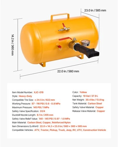 VEVOR Padangų borto sėdynė, 10 Gal / 37,9 L, 87–116 PSI, sunkiasvoris oro pripūtimo įrankis, geltona