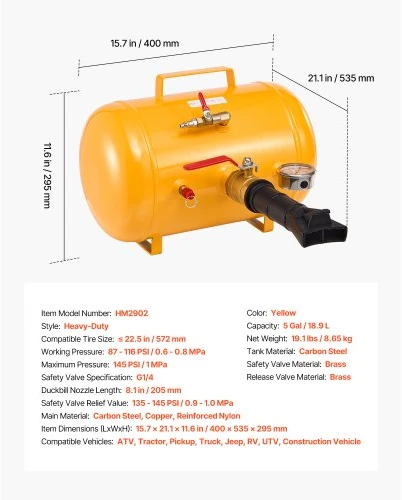 VEVOR Padangų borto sėdynintuvas, 5 gal / 18,9 l, 87–116 PSI, geltonas