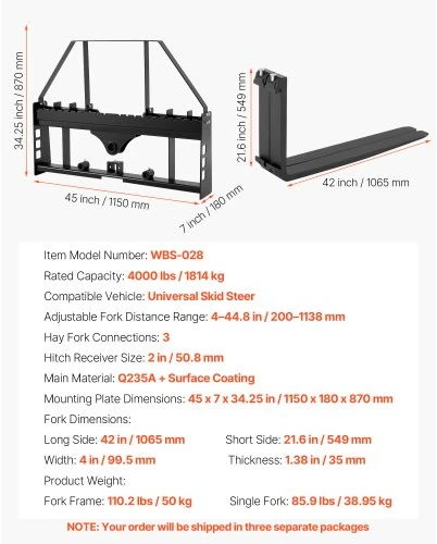 VEVOR Padėklų šakės krautuvui, 1814 kg, 1065 mm, 50,8 mm kablio jungtis