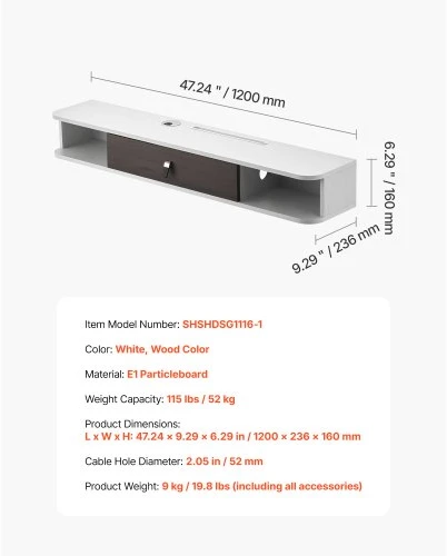 VEVOR Pakabinamas TV staliukas, 120 cm, baltas