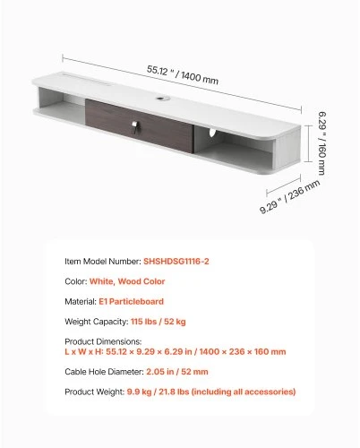 VEVOR Pakabinamas TV staliukas, 140 cm, baltas