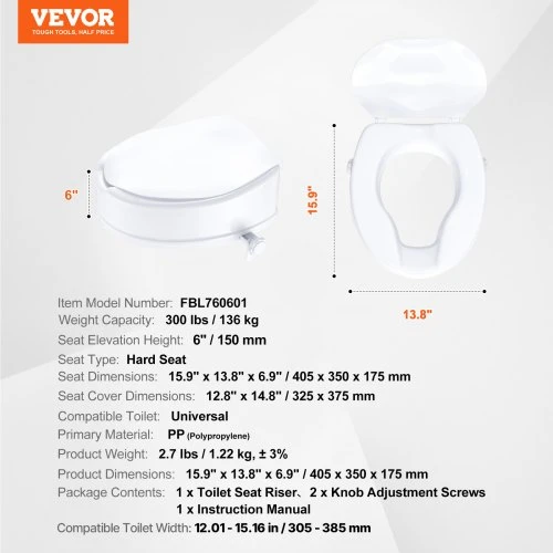 VEVOR Pakeltas klozeto sėdynės paaukštinimas, 150 mm, 136 kg, universalus