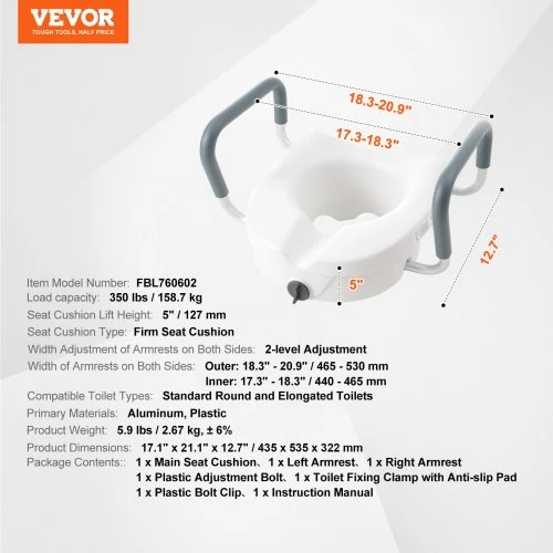 VEVOR Pakeltas tualeto sėdynės paaukštinimas, 12,7 cm, 158,7kg, apvaliems ir pailgiems unitazams