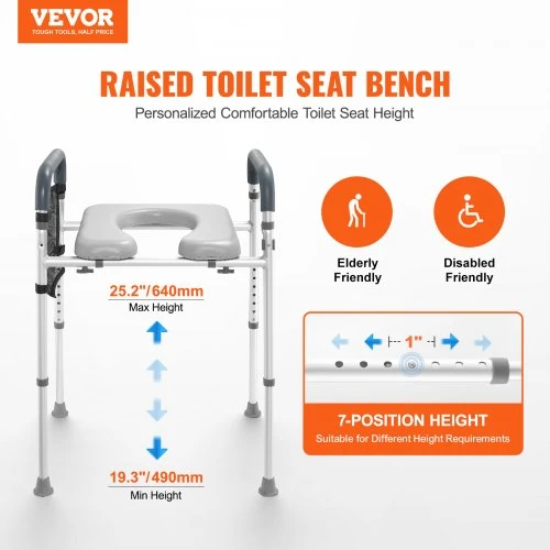 VEVOR Pakeltas tualeto sėdynės priedas, 7 padėčių aukščio reguliavimas 490–640 mm, 158,7kg, aliuminio rėmas