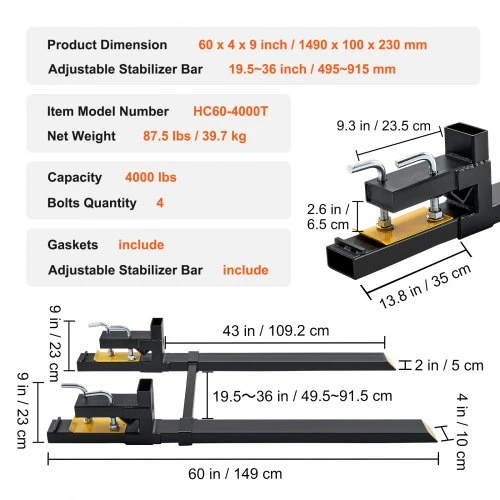 VEVOR Palečių šakės užmaunamos, 109,2 cm, su reguliuojamu stabilizatoriaus strypu