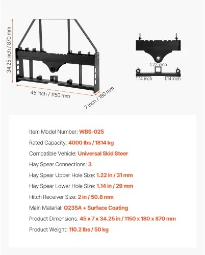 Koduva VEVOR palečių šakių rėmas „Skid Steer“, 1814 kg, 115 cm, 50,8 mm mova