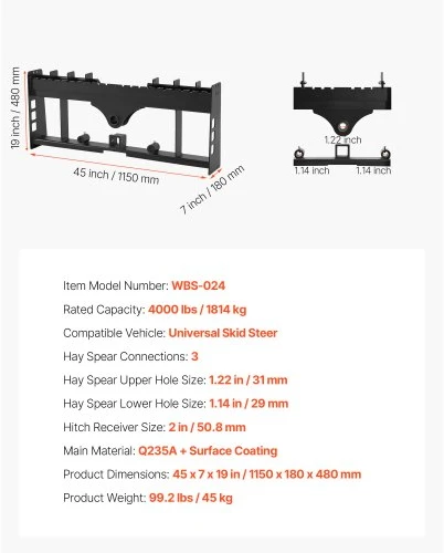 Koduva VEVOR palečių šakių rėmas skid steer, 1814 kg, 115 cm, su 50,8 mm hitch receiver ir spears movomis