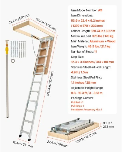 VEVOR Palėpės kopėčios, 375 lbs / 170 kg, reguliuojamas aukštis 9,8–10,3 ft / 3–3,13 m