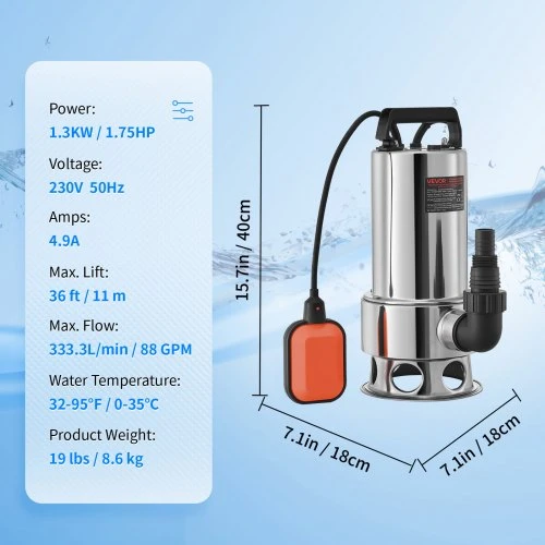 VEVOR Panardinamasis purvo vandens siurblys, 1300 W, 20000 l/h, 10 m laidas, automatinis plūdinis jungiklis