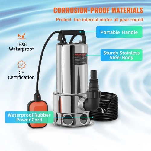 VEVOR Panardinamasis purvo vandens siurblys, 1300 W, 20000 l/h, 10 m laidas, automatinis plūdinis jungiklis