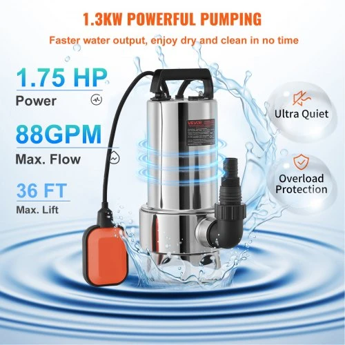 VEVOR Panardinamasis purvo vandens siurblys, 1300 W, 20000 l/h, 10 m laidas, automatinis plūdinis jungiklis