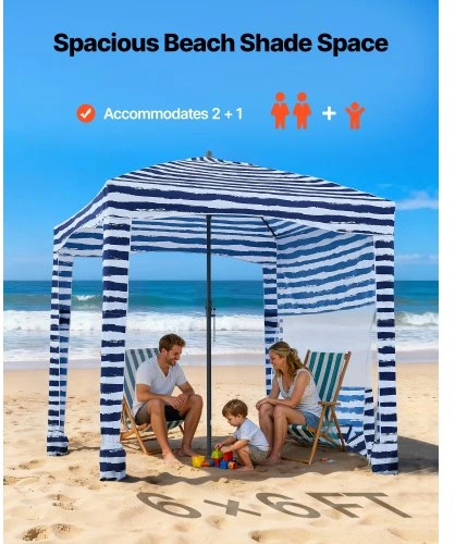 VEVOR Paplūdimio kabina, 1,83 x 1,83 m, su šonine sienele, UPF 50+, mėlynos juostelės
