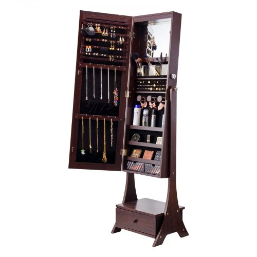 VEVOR Pastatoma papuošalų spintelė su veidrodžiu, ruda, 41 x 36 x 157 cm