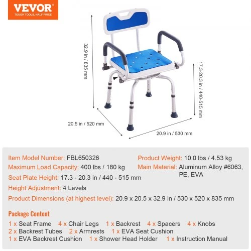 VEVOR Pasukama dušo kėdė, 360°, reguliuojamas, 180 kg, FBL650326