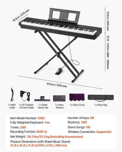 VEVOR Pasvertas skaitmeninis pianinas, 88 klavišų, juodas