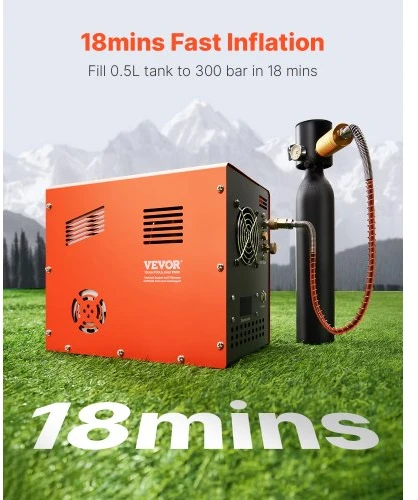 Koduva VEVOR PCP oro kompresorius, 4500 PSI / 30 MPa, DC12V/AC230V, su įmontuotu keitikliu ir ventiliatoriaus aušinimu