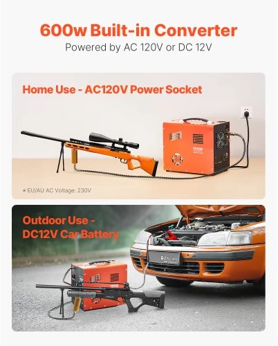 Koduva VEVOR PCP oro kompresorius, 4500 PSI / 30 MPa, DC12V/AC230V, su įmontuotu keitikliu ir ventiliatoriaus aušinimu