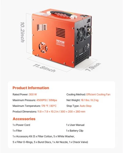 Koduva VEVOR PCP oro kompresorius, 4500 PSI / 30 MPa, DC12V/AC230V, su įmontuotu keitikliu ir ventiliatoriaus aušinimu